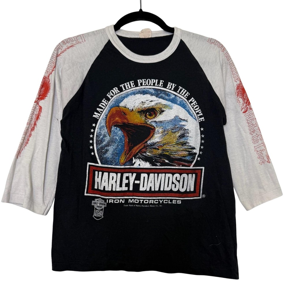 Vintage 70s 80s Harley Davidson Eagle Head Raglan Sleeve Shirt Small